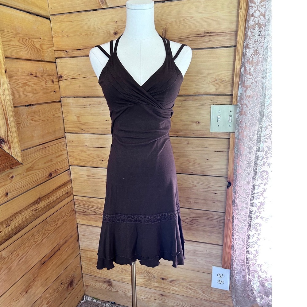 Vintage Nostalgia Dress Women Medium Brown Ruffle Lace Nomads Organic Soy Cotton